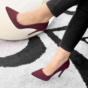 LURNYET WINE SUEDE Women Pointed-Toe Pumps with Stiletto 4 inch Heels